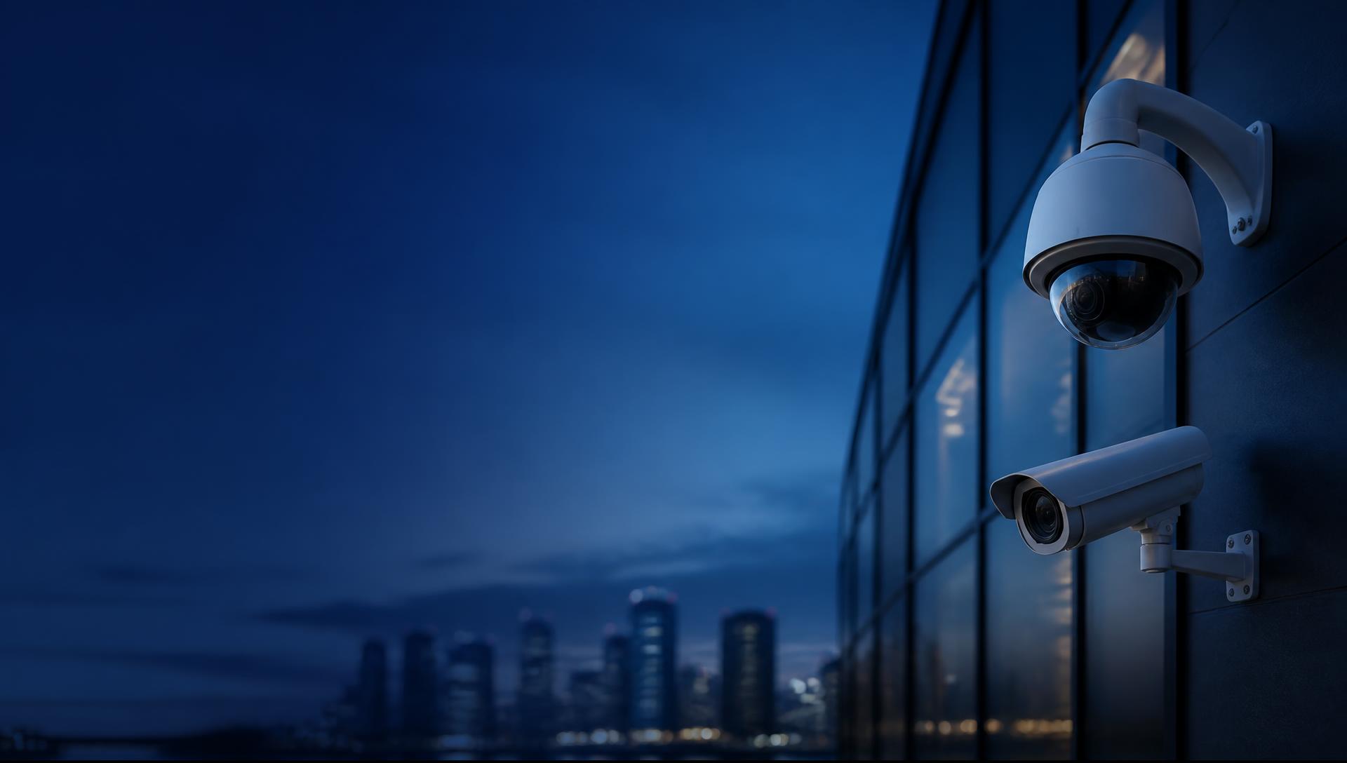 Câmeras de segurança instaladas na fachada de um edifício corporativo moderno